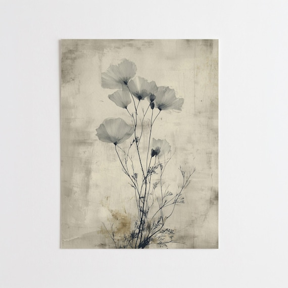 Minimalist Poppies Neutral Flower Monochrome Art Bedroom Decor | Calm Wall Art Canvas Print