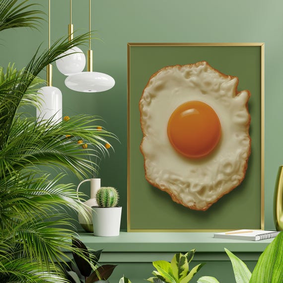 Fried Egg Kitsch Kitchen Fried Egg Minimalist Green Kitchen Decor Pop Art Realist Egg
