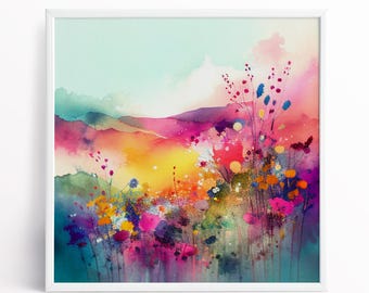 Wildflower Meadow Art Print, Colourful Botanical Landscape, Abstract Vibrant Flower Painting