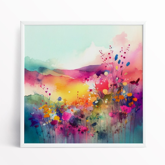 Wildflower Meadow Art Print, Colourful Botanical Landscape, Abstract Vibrant Flower Painting