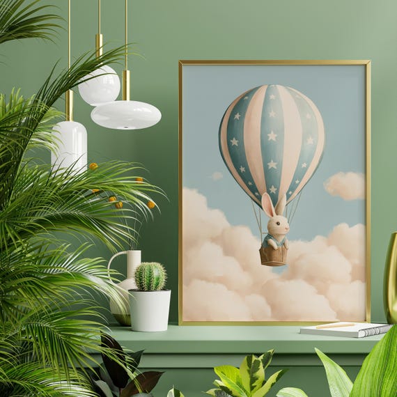 Bunny Hot Air Balloon Print, Pastel Bunny Balloon, Pastel Vintage Nursery Wall Art, Whimsical Rabbit Decor, Baby Room Art