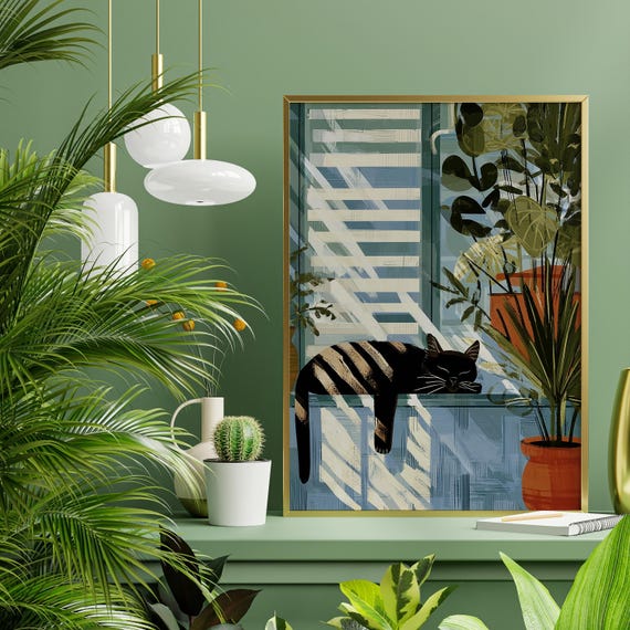 Black Cat Window Abstract Art Black Cat Living Room Wall Art | Green Tones Home Decor