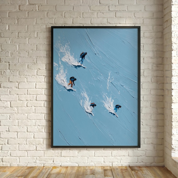 Skiers on Ski Mountain Inspired by Werner Bronkhorst Impasto Blue Living Room Art | Modern Art Winter Print
