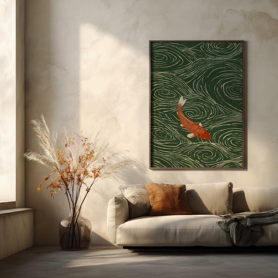Japanese Koi Fish Minimalist Lino Print Green Tones Living Room Wall Art | Abstract Calming Japandi Decor