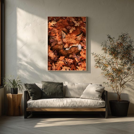 Sleeping Fox Print, Sleeping Red Fox Autumn Leaves Oil Painting, Red Fox Wall Art, Cosy Fall Cabin Decor