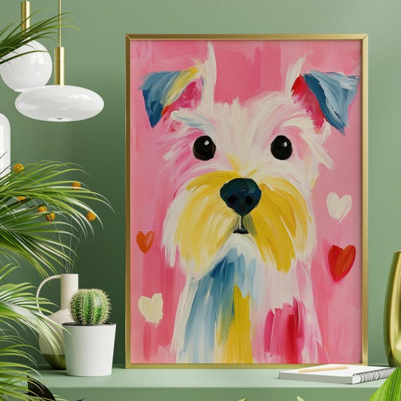 West Highland Terrier Abstract Painting Cute Dog Westie Pink Living Room Wall Art Colourful Dog Lovers Modern Decor