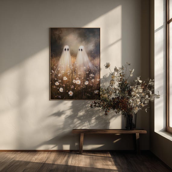 Ghosts in Flower Meadow Impressionist Gothic Dark Tones Living Room Wall Art Ethereal Landscape Home Decor
