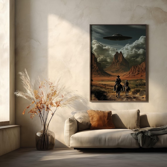Western Cowboy UFO Art |Desert Surreal Quirky UFO cowboys Brown Tones Impressionist Wall Art for Living Room