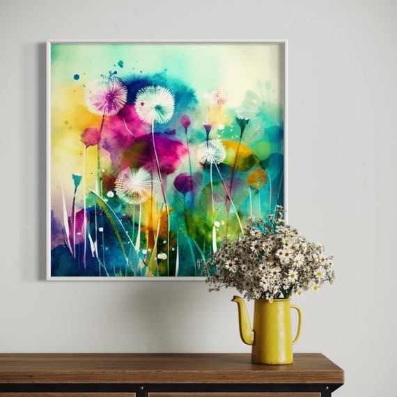 Abstract Wildflower Meadow Painting Colourful Dandelions Print - Abstract Flower Art, Extra Large Painting, Floral Wall Art