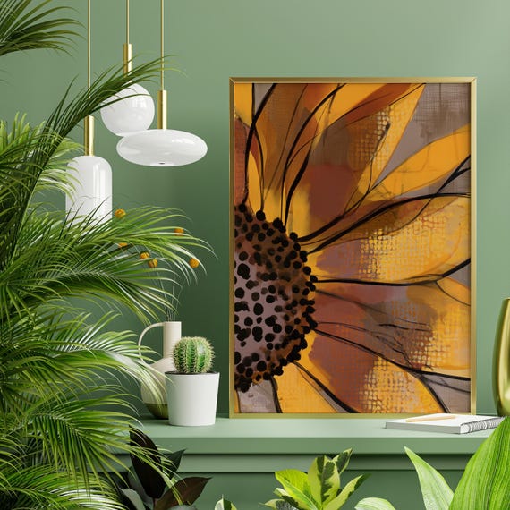 Sunflower Abstract Warm Tones Living Room Wall Art | Modern Yellow Flowers Floral Print