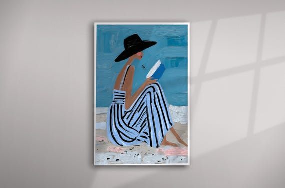 Elegant woman Reading on Beach Scene Blue Tones Portrait Living Room Wall Art | Modern Woman Reading Decor