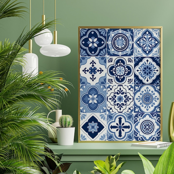 Moorish Tiles Green Abstract Moroccan Tile Art Blue Home Decor | Pattern Print for Living Room & Bedroom