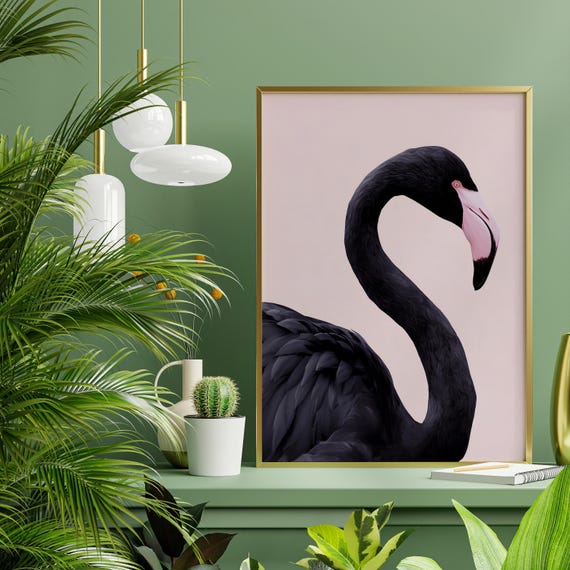 Black Flamingo Modern Portrait with Pink Accents for Living Room Art | Abstract Home Decor