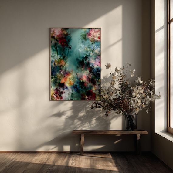 Flowers Luxurious Ethereal Abstract Flowers Vibrant Living Room Wall Art | Teal Home Decor