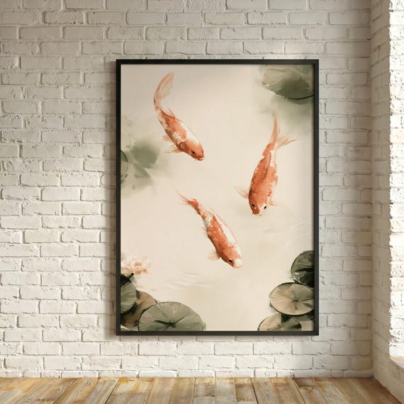 Japandi Koi Pond Print, Three Koi Pond, Bedroom Wall Art, Evergreen Home Decor, Gallery Wall Print, Housewarming Gift