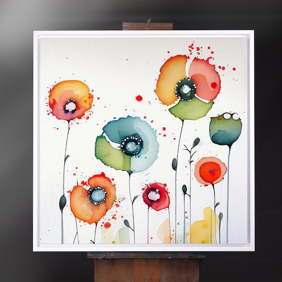 Abstract Poppy Painting, Colourful Botanical Art Prints of Poppies, Abstract wild flower canvas, Extra Large Painting, Wall Art