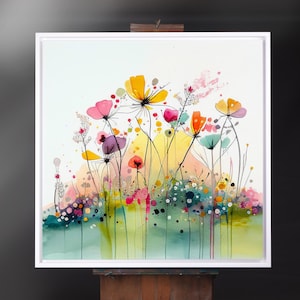 抽象的な野花の草原の水彩画、カラフルな植物のアートプリント、抽象的な花のアート、特大の絵画、壁アート