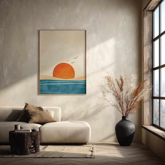 Zen Sunset Ocean Abstract Blue Art for Living Room Calming Warm Tones Wall Decor