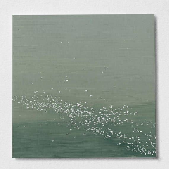 Calming Abstract Sage Green Landscape Art | Minimalist Wall Decor of Migrating birds