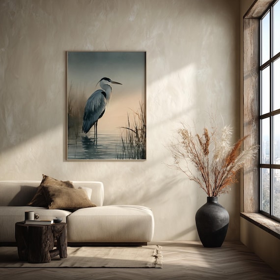 Grey Heron Watercolor Print, Heron Dusk Reflection Minimalist Bird Painting, Calm Neutral Wall Art, Coastal Lake House Decor