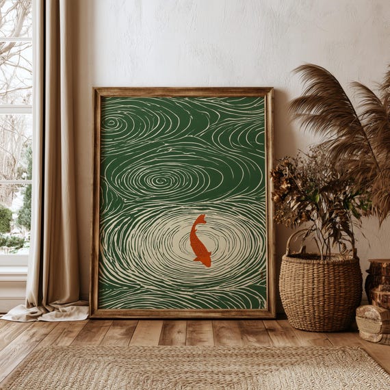 Koi Fish Japandi Minimalist Japanese Block Print Art | Green Living Room Wall Art Zen Decor