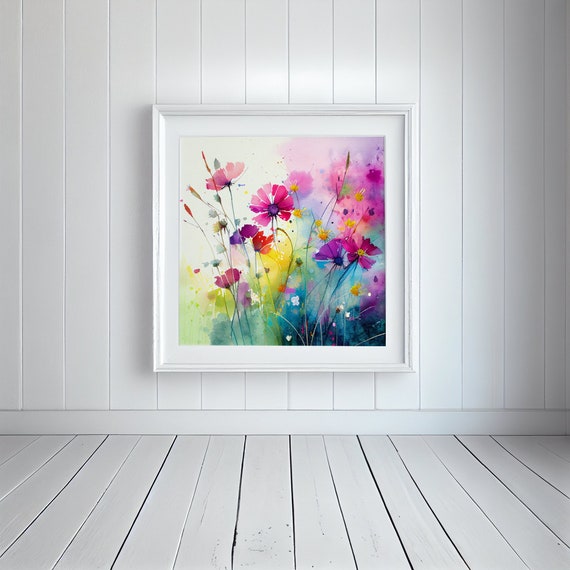 Abstract Wildflower Meadow Painting, Colourful Botanical Art Prints, Wild flower Art, Colourful Wall Art