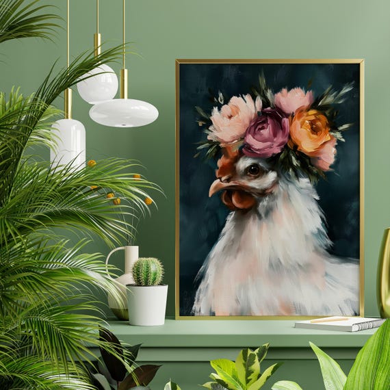 Chicken Floral Crown Quirky Chicken Wall Art Quirky Unique Animal Decor Flower Crown Poultry Painting