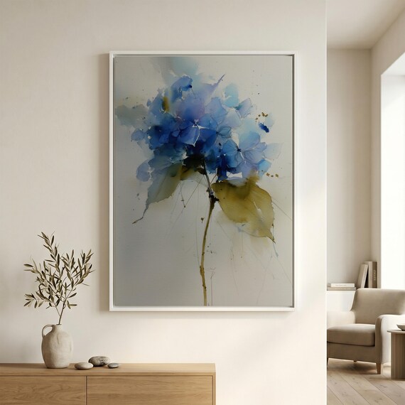 Hydrangea Blue Abstract Living Room Wall Art | Whimsical Floral Print
