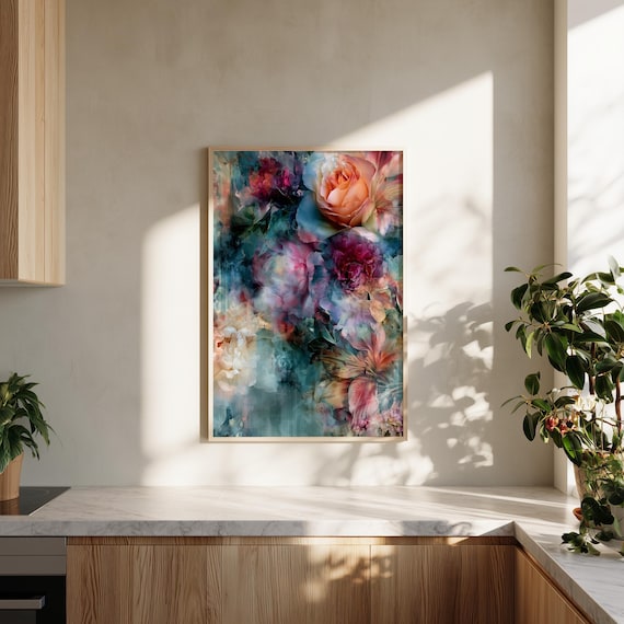 Flowers Luxurious Ethereal Abstract Flowers Teal Living Room Wall Art | Vibrant Print Home Decor