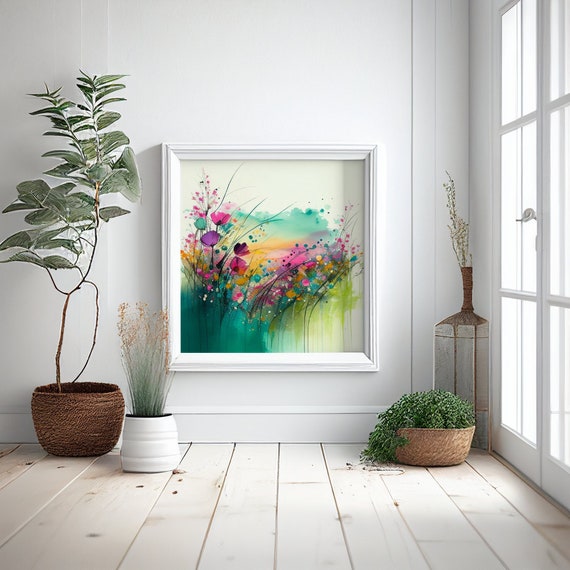 Flower Watercolour Painting Wildflower Meadow Canvas - Colourful Botanical Prints Abstract Flower Landscape Flower Art