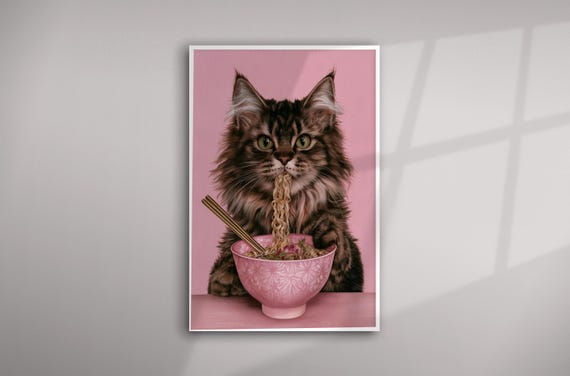 Cat Eating Ramen Noodles Modern Pink Kitchen Art | Quirky Cat Lover Gift