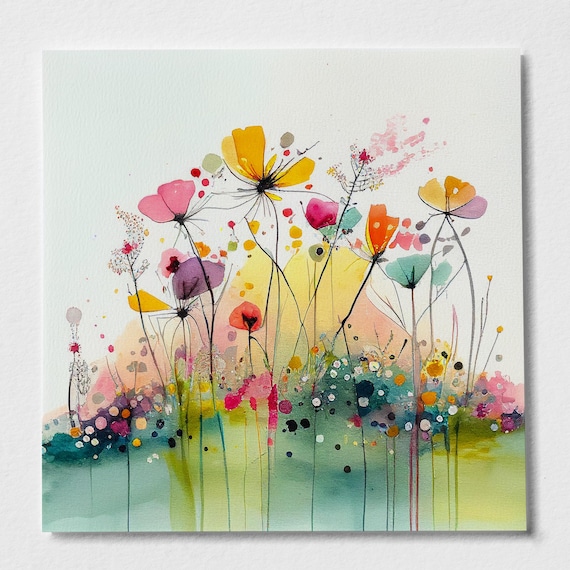 Abstract Wildflower Buttercup Meadow Watercolor Painting, Botanical Wall Art