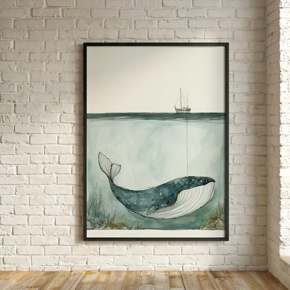 Whale Boat Nursery Sketch Abstract Blue Tones Living Room Wall Art | Nautical Illustration Home Decor