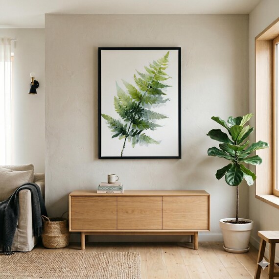 Fernleaf Minimalist Watercolour Green Tones Living Room Wall Art | Botanical Home Decor