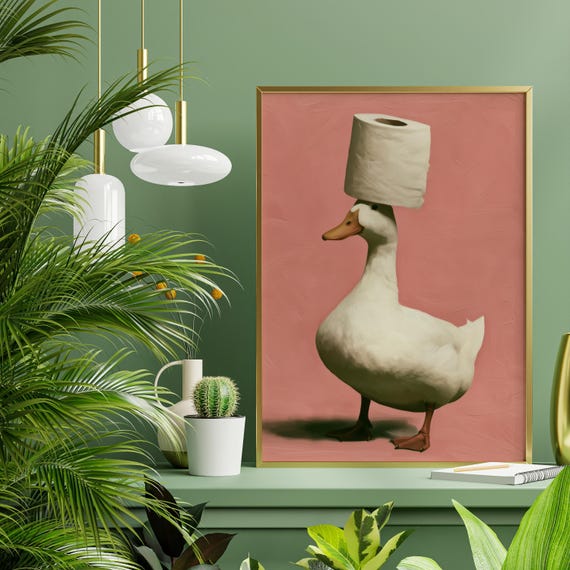 Duck Toilet Roll Modern Pink Art Bathroom Decor | Quirky Wall Art Duck Poster Funny Bathroom Poster Humorous Gift