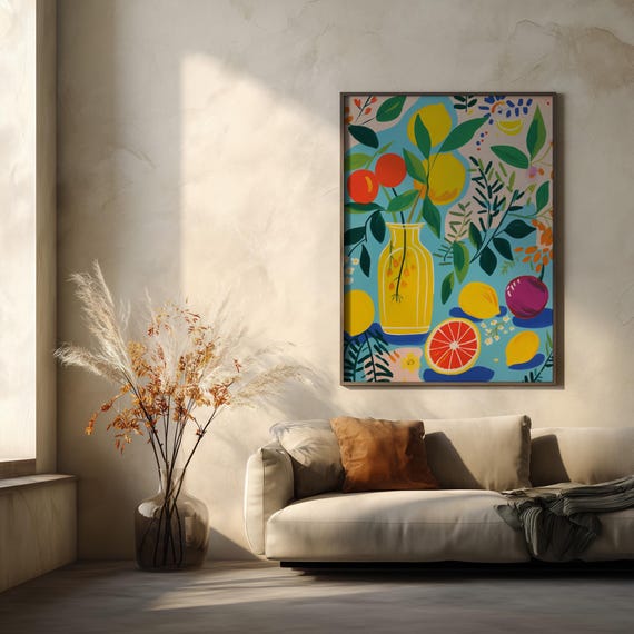 Mediterranean Lemons Abstract Blue Accents Kitchen Decor | Citrus Fruits Bold Wall Art