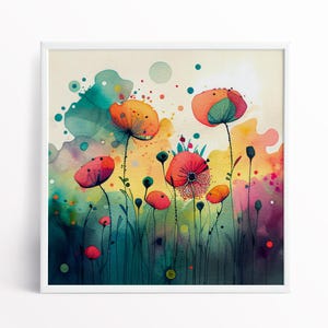 Dipinto di fiori di papavero Stampe artistiche botaniche colorate Arte floreale astratta Tecnica mista Dipinto extra large di papaveri Arte murale