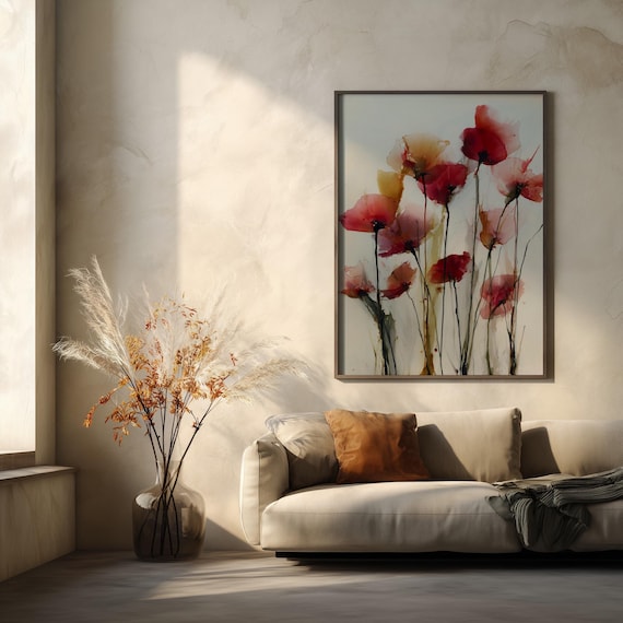 Poppies Abstract Red Flowers Living Room Wall Art | Warm Tones Home Decor