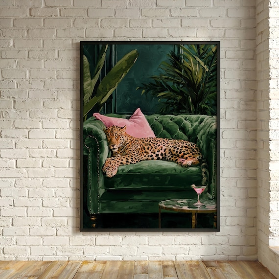 Leopard lounging on Sofa with Cocktail Quirky Modern Green Art for Living Room