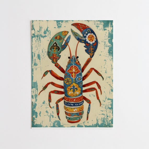 Lobster Décor Rustic Abstract Art | Bold Coastal Kitchen Wall Art New England Rustic