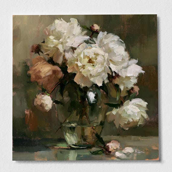 Peonies Impressionist White Green Living Room Wall Art | Elegant Vintage Flower vintage Print