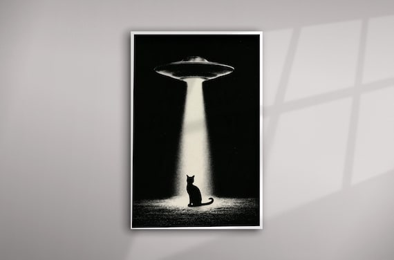 UFO  Cat Quirky Monochrome Living Room Wall Art | Mystical Surreal Dog art