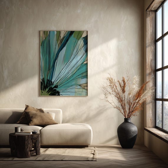 Abstract Flower Blue Green Petals Living Room Wall Art, Modern Floral Home Decor