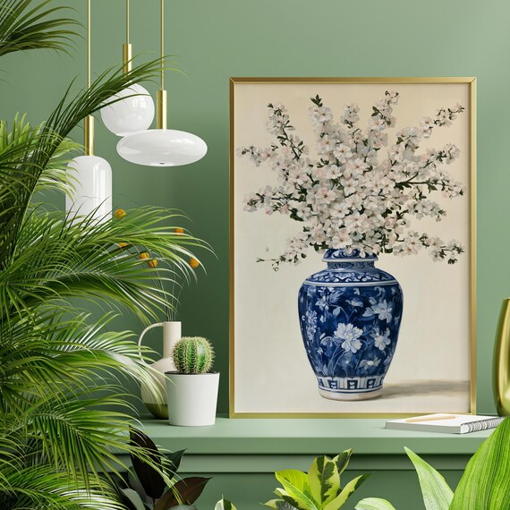 Blue and White Ginger Jar Print, Porcelain Jar Branches, Dining Room Wall Art, Evergreen Home Decor, Gallery Wall Print, Housewarming Gift
