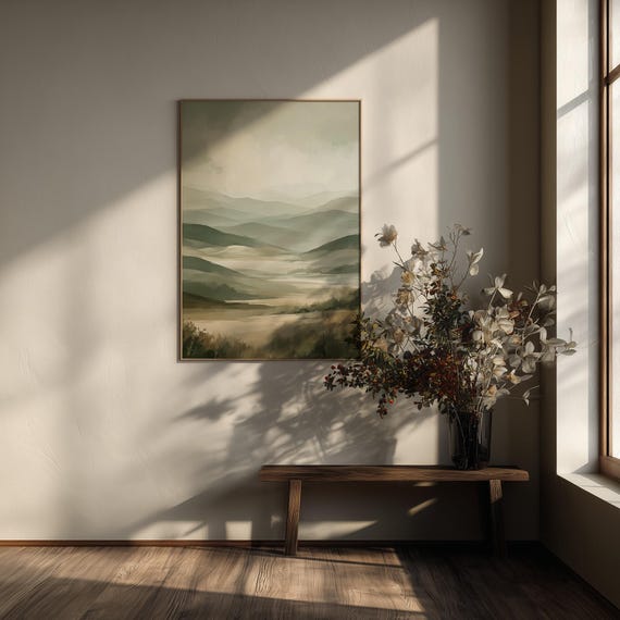 Serene Landscape Watercolour Green Tones Living Room Wall Art | Japandi Minimalist Home Decor