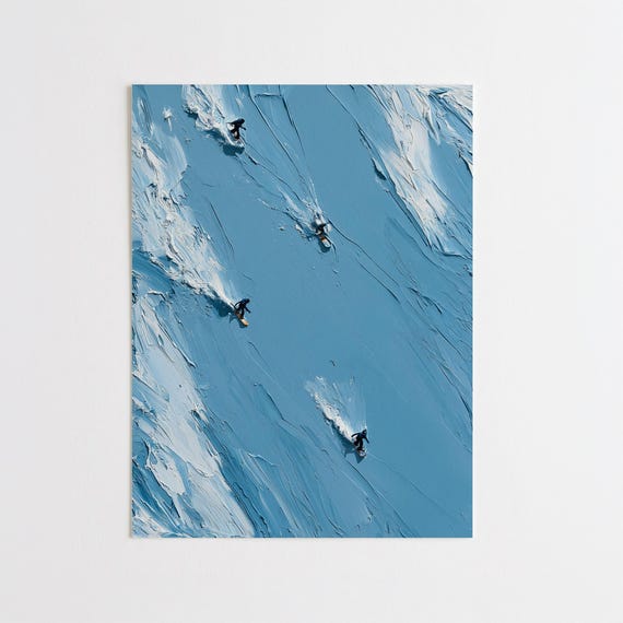 Ski Mountain Werner Bronkhorst Inspired Blue Impasto Skiers Snowborders Winter Mountain Wall Decor