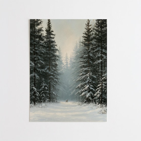 Winter Pine Forest Print, Snowy Forest Path Snowy Woodland Oil Painting, Scandinavian Wall Art, Serene Holiday Decor