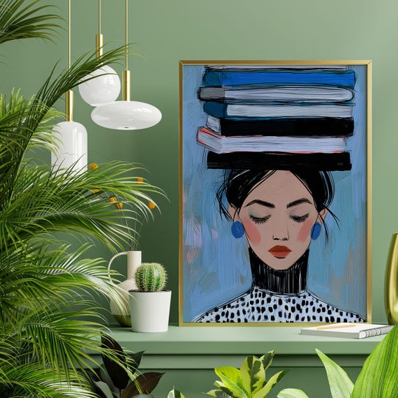 Woman Portrait Modern Iimpressionish Painting Woman Blancing Books on Head Blue Living Room Wall Art | Calm Decor for Home
