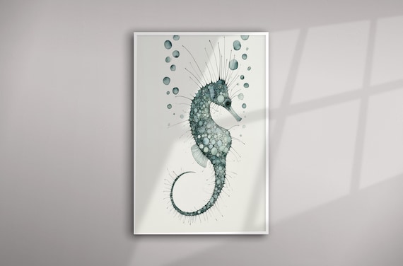 Seahorse Fish Sketch Abstract Blue Tones Wall Art | Ocean-Inspired Home Decor