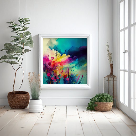 Abstract Wildflower Meadow Painting, Colourful Botanical Art Prints, Wild flower Art, Colourful Wall Art Template